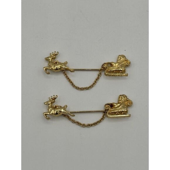 2 Vtg Christmas Santa Sleigh and Reindeer Stick Pins with Chain Gold Tone Avon - Picture 2 of 4